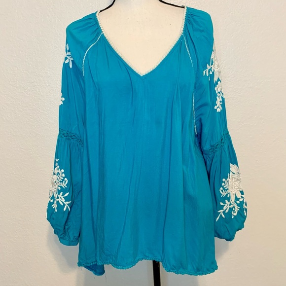 Sundance Naomi Isles Embroidered Boho Peasant Top Turquoise Blue Size Large - Picture 2 of 15